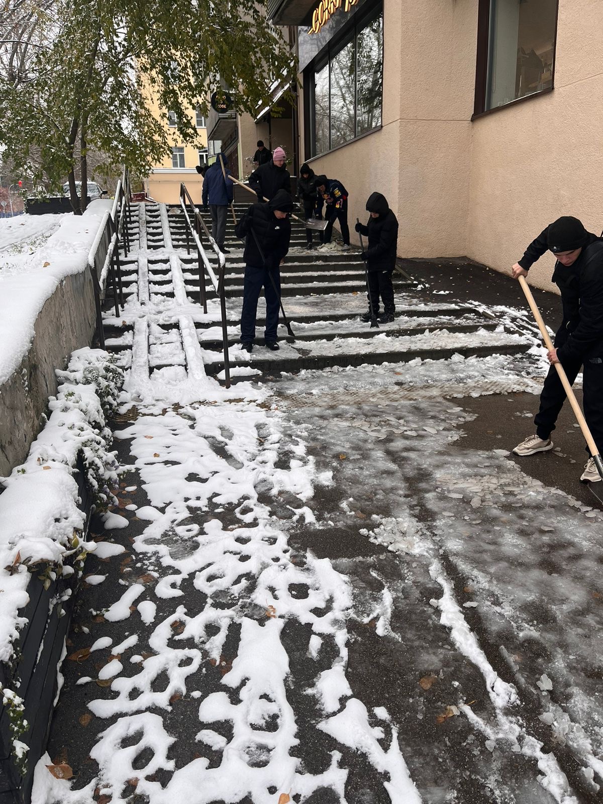 Студенты очищают от снега пешеходные лестницы в Центральном районе Барнаула 