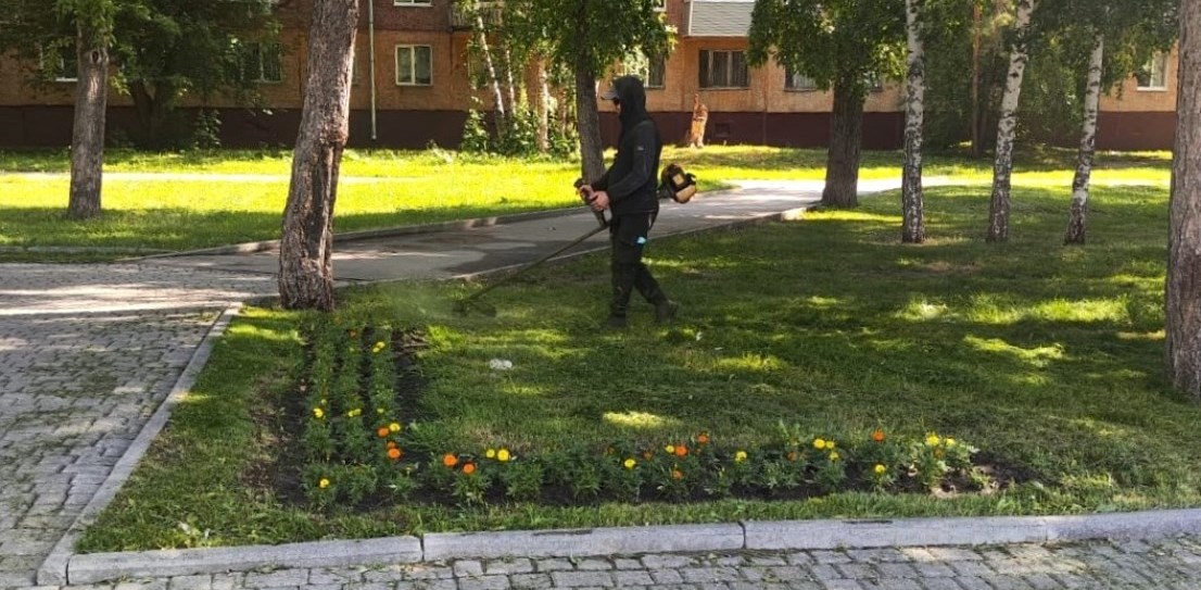 В Ленинском районе продолжаются работы по покосу травы на территориях общего пользования и во дворах