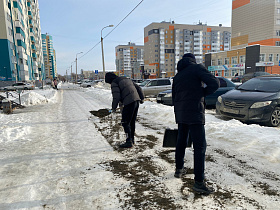 Студенты Барнаула помогают в очистке от наледи тротуаров, пешеходных переходов и лестничных маршей